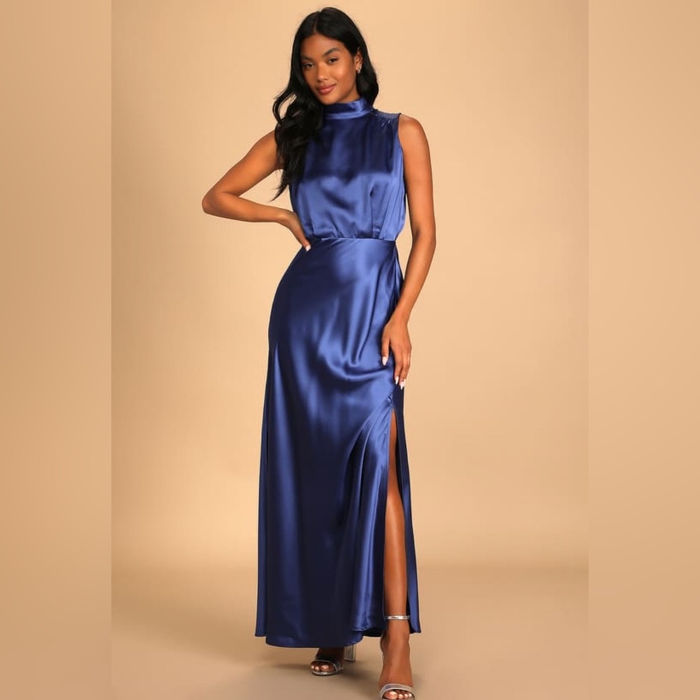 Lulus Classic Elegance Blue Satin Sleeveless Mock
Neck Maxi Dress Size Small